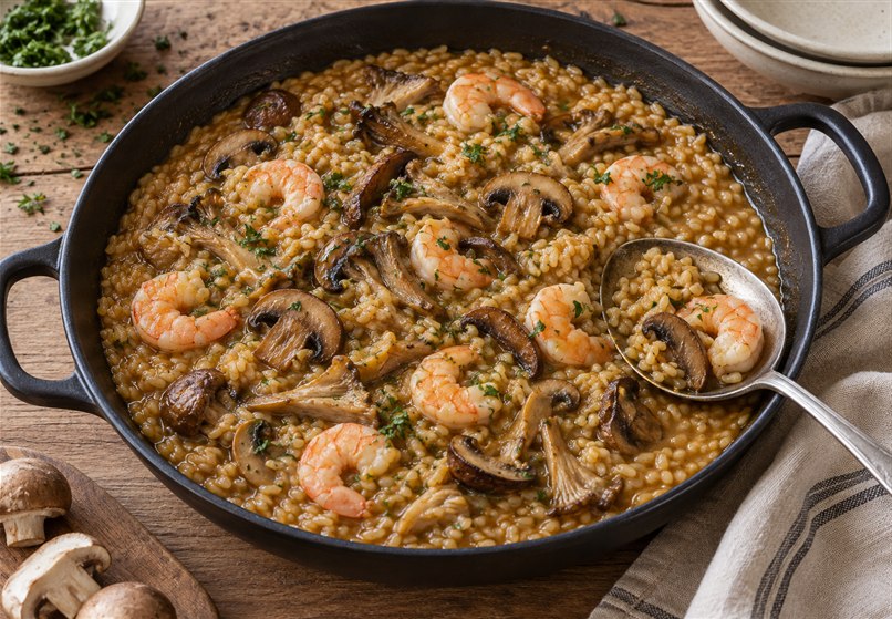 Arroz meloso con setas y langostinos 2 Cazuela de arroz meloso con champiñones, setas de ostra y langostinos