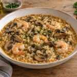 Arroz meloso con setas y langostinos pelados servido en un plato hondo