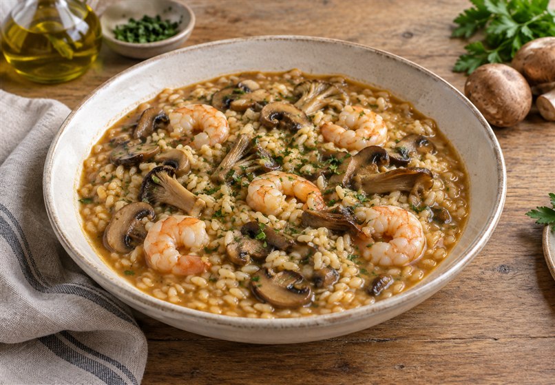Arroz meloso con setas y langostinos pelados servido en un plato hondo