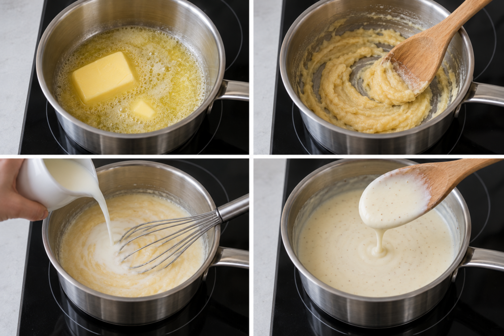 Cuatro etapas de la bechamel: fundir mantequilla, cocinar harina, incorporar leche y obtener una salsa lisa