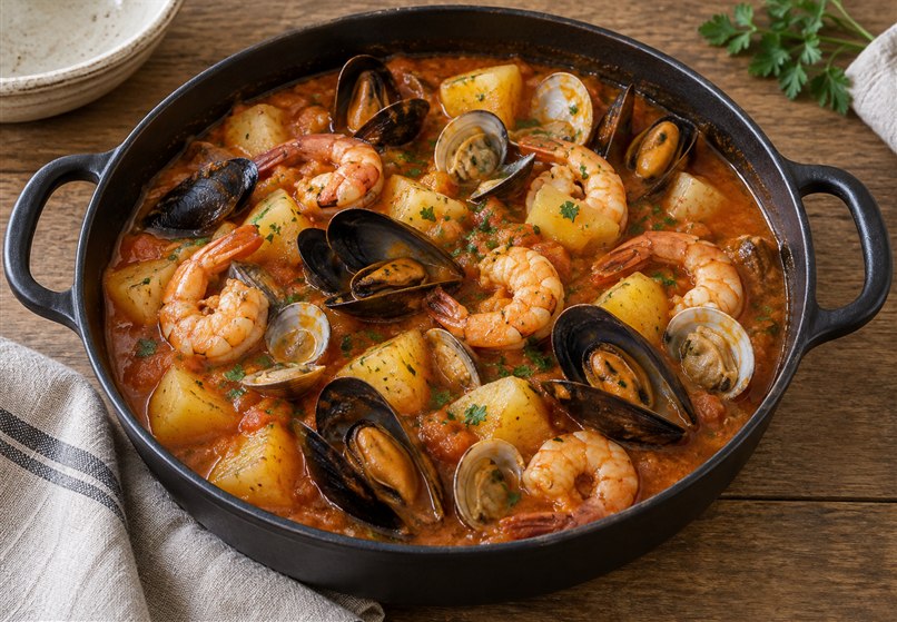 Caldereta de marisco con patatas 6 Cazuela de caldereta con patatas, langostinos, mejillones abiertos y almejas