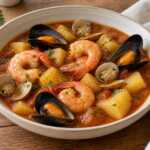 Caldereta de marisco con patatas 4 Caldereta de marisco con patatas, langostinos, almejas y mejillones en un plato hondo
