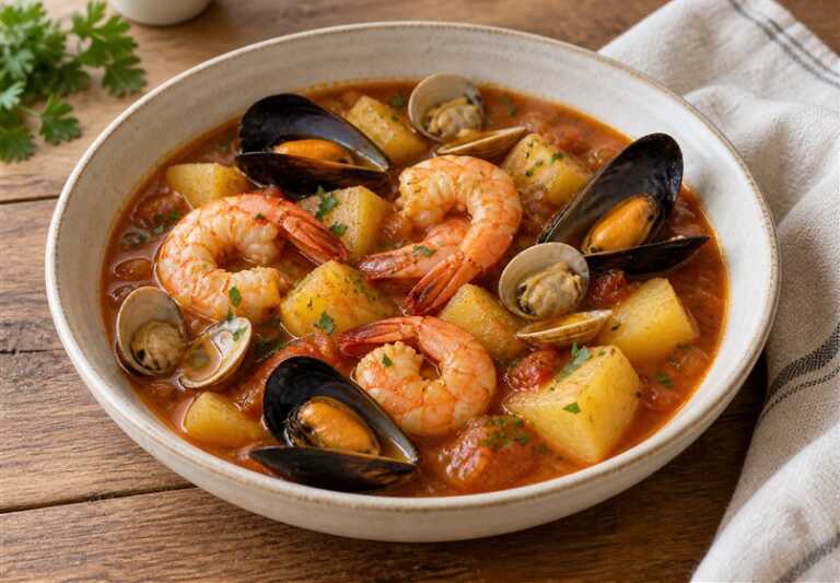 Caldereta de marisco con patatas 1 Caldereta de marisco con patatas, langostinos, almejas y mejillones en un plato hondo