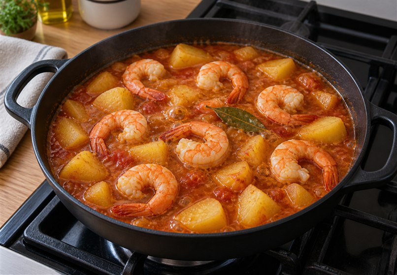 Caldereta de marisco con patatas 5 Langostinos cocinándose con las patatas antes de incorporar los mejillones y las almejas
