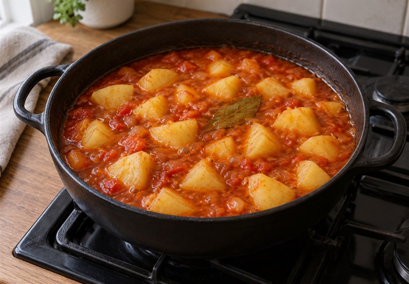 Caldereta de marisco con patatas 3 Patatas chascadas cociéndose en caldo de tomate y pescado con laurel