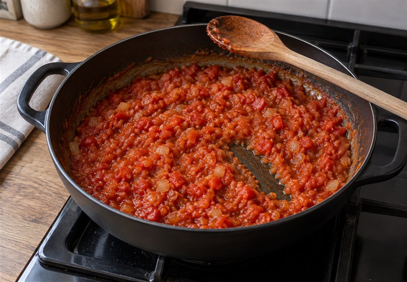 Caldereta de marisco con patatas 2 Sofrito de cebolla, pimiento rojo y tomate concentrado en una cazuela
