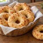 Chipa paraguaya de almidón y queso 7 Chipas paraguayas de almidón y queso en forma de rosquilla dentro de una cesta