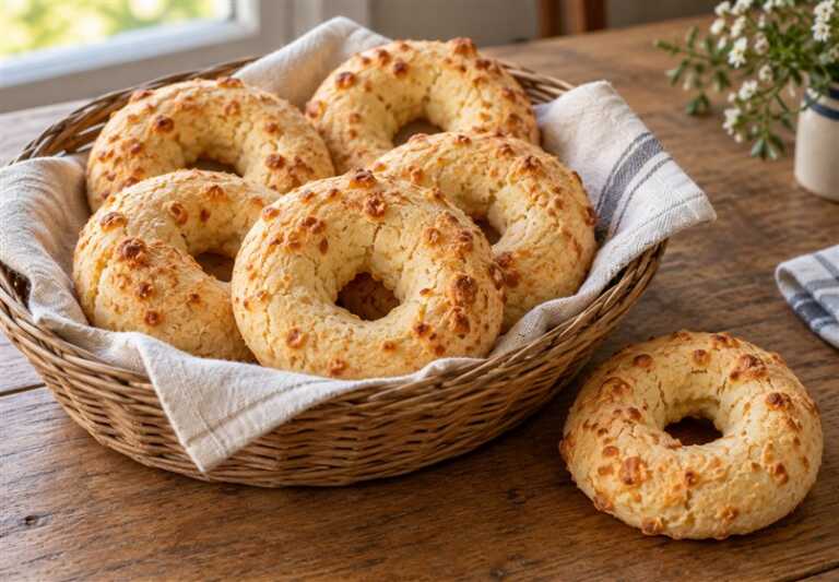Chipa paraguaya de almidón y queso 2 Chipas paraguayas de almidón y queso en forma de rosquilla dentro de una cesta