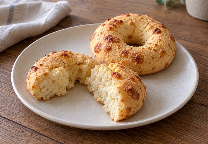 Chipa paraguaya de almidón y queso 2 Chipa paraguaya partida que muestra su interior de almidón y queso junto a una rosquilla entera