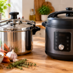 Cocina moderna con ollas y verduras frescas