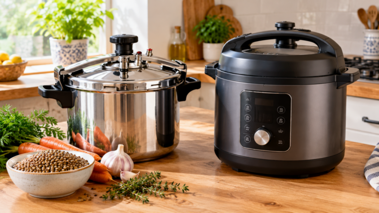 Qué olla a presión comprar: eléctrica o tradicional, seguridad y capacidad 7 Cocina moderna con ollas y verduras frescas