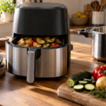 Freidora de aire, sartén de hierro y olla a presión con verduras sobre una encimera de cocina luminosa