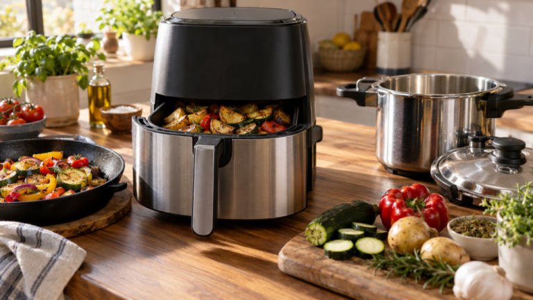 Guías de compra de cocina: qué utensilios y electrodomésticos merecen la pena 6 Freidora de aire, sartén de hierro y olla a presión con verduras sobre una encimera de cocina luminosa