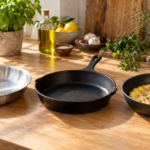 Comparación visual de tres sartenes para cocinar: acero inoxidable, hierro fundido y antiadherente sobre encimera de madera