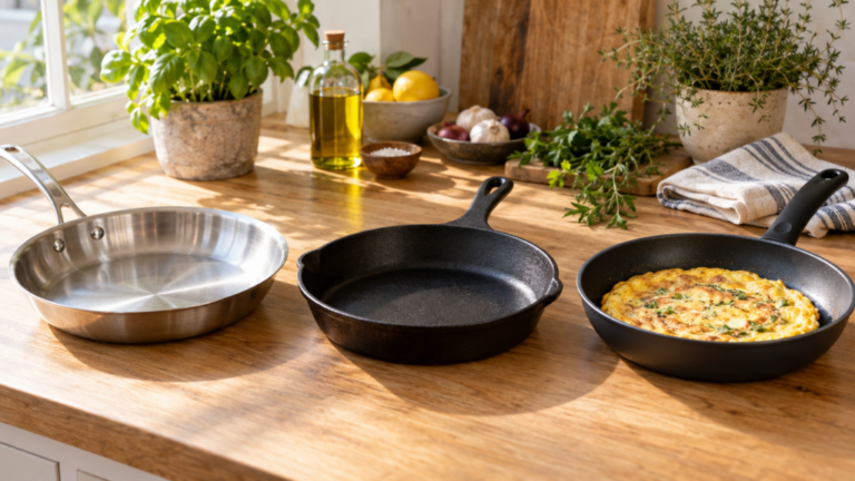 Comparación visual de tres sartenes para cocinar: acero inoxidable, hierro fundido y antiadherente sobre encimera de madera