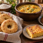 7 recetas paraguayas fáciles para hacer en casa: guía práctica 1 Mesa con chipa paraguaya, sopa paraguaya, locro y milanesa: fotografía original para una guía de recetas de Paraguay