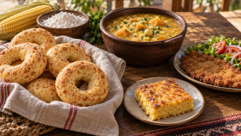 7 recetas paraguayas fáciles para hacer en casa: guía práctica 5 Mesa con chipa paraguaya, sopa paraguaya, locro y milanesa: fotografía original para una guía de recetas de Paraguay